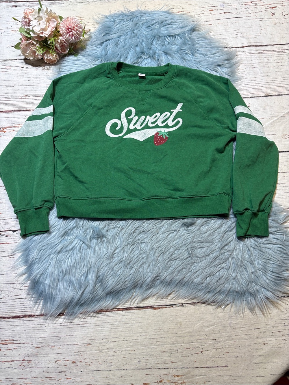 Old Navy Kids Green "Sweet" Graphic Crewneck Sweatshirt with White Stripe Sleeve